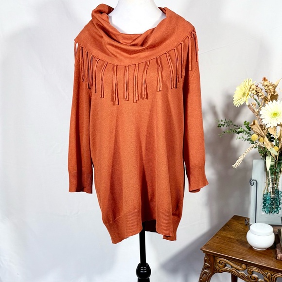 NWOT NOTATIONS Rust Orange Fringe Cowl Neck Elbow Sleeve Sweater Womens 1X💚 - Picture 9 of 9